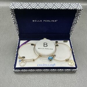 Bella Perlina Bracelet Set Gold Tone Blue Glass Charm Live Love‎ Laugh Womens